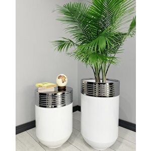 Elegant Dekoratif Krom Darbuka Parlak Beyaz Saksı 70cm + 60cm Sehpa İkili Set