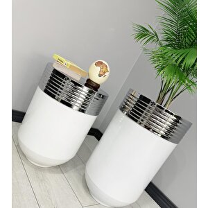 Elegant Dekoratif Krom Darbuka Parlak Beyaz Saksı 70cm + 60cm Sehpa İkili Set