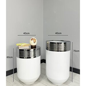 Elegant Dekoratif Krom Darbuka Parlak Beyaz Saksı 70cm + 60cm Sehpa İkili Set