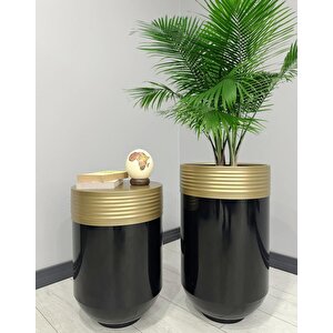 Elegant Dekoratif Eskitme Darbuka Parlak Siyah Saksı 70cm + Sehpa 60cm İkili Set