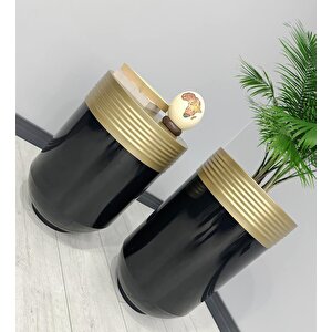 Elegant Dekoratif Eskitme Darbuka Parlak Siyah Saksı 70cm + Sehpa 60cm İkili Set