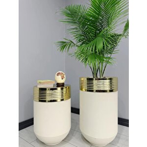 Elegant Dekoratif Gold Darbuka Krem Saksı 70cm + Sehpa 60cm İkili Set