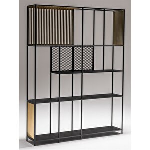 Libro Özel Tasarım Metal Siyah Gold Detaylı Izgaralı Dekoratif Kitaplık 5 Katlı Modern Raf