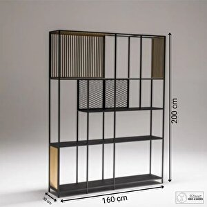 Libro Özel Tasarım Metal Siyah Gold Detaylı Izgaralı Dekoratif Kitaplık 5 Katlı Modern Raf
