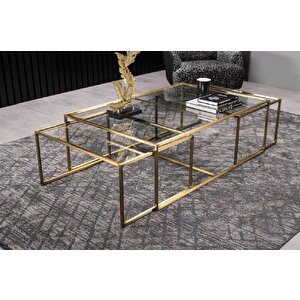 Abiete 3'lü Cam Orta Masa Metal Ayaklı Dekoratif Orta Sehpa Gold Metal Montajsız Cam Table