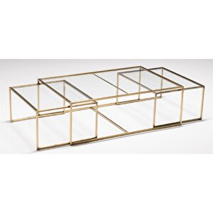 Abiete 3'lü Cam Orta Masa Metal Ayaklı Dekoratif Orta Sehpa Gold Metal Montajsız Cam Table