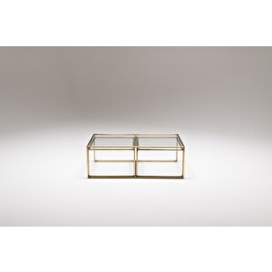 Abiete 3'lü Cam Orta Masa Metal Ayaklı Dekoratif Orta Sehpa Gold Metal Montajsız Cam Table