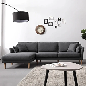 Pluvia Antrasit Gri 3 Kişilik Salon L Koltuk Dekoratif Modern Ahşap Ayaklı Oturma Odası Köşe Koltuk
