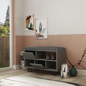 Canoleau Metal Ayaklı Dekoratif Dolaplı Puflu Ayakkabılık Ahşap Oturma Banklı Ayakkabılık Bench Puf