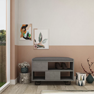 Canoleau Metal Ayaklı Dekoratif Dolaplı Puflu Ayakkabılık Ahşap Oturma Banklı Ayakkabılık Bench Puf
