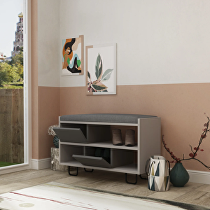Canoleau Metal Ayaklı Dekoratif Dolaplı Puflu Ayakkabılık Ahşap Oturma Banklı Ayakkabılık Bench Puf