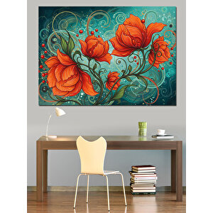 Turuncu Gelincik Deseni Dekoratif Kanvas - Mdf Ahşap Tablo 70x100 cm
