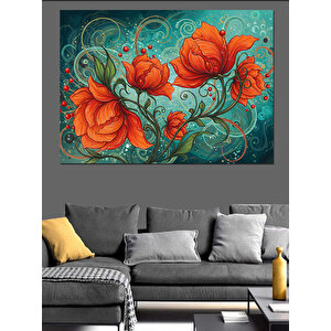Turuncu Gelincik Deseni Dekoratif Kanvas - Mdf Ahşap Tablo 70x100 cm