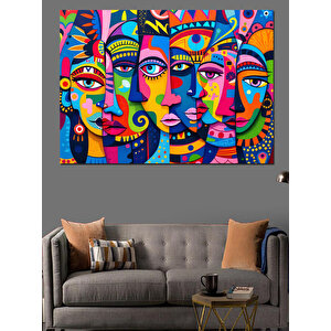 Renkli Maskeli Yüzler Sanatı Dekoratif Kanvas - Mdf Ahşap Tablo 100x140 cm