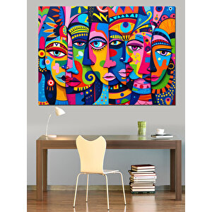 Renkli Maskeli Yüzler Sanatı Dekoratif Kanvas - Mdf Ahşap Tablo 100x140 cm
