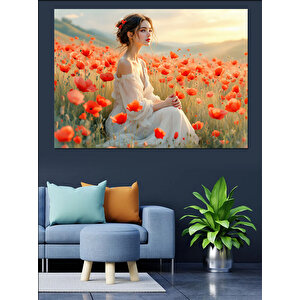 Gelincik Tarlasında Kadın Dekoratif Kanvas - Mdf Ahşap Tablo 100x140 cm