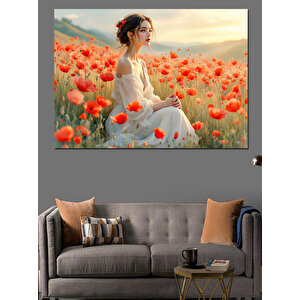 Gelincik Tarlasında Kadın Dekoratif Kanvas - Mdf Ahşap Tablo 100x140 cm