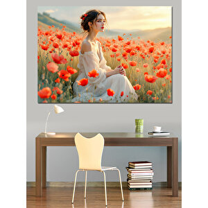 Gelincik Tarlasında Kadın Dekoratif Kanvas - Mdf Ahşap Tablo 35x50 cm