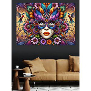 Renkli Maskeli Kadın Yüzü Dekoratif Kanvas - Mdf Ahşap Tablo 100x140 cm