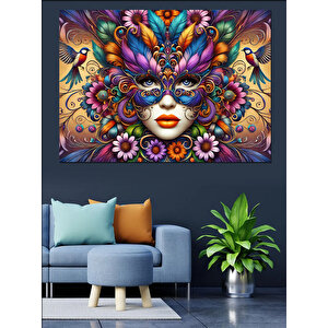Renkli Maskeli Kadın Yüzü Dekoratif Kanvas - Mdf Ahşap Tablo 100x140 cm