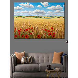 Gelinciklerle Dolu Buğday Tarlası Dekoratif Kanvas - Mdf Ahşap Tablo