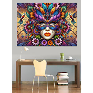 Renkli Maskeli Kadın Yüzü Dekoratif Kanvas - Mdf Ahşap Tablo