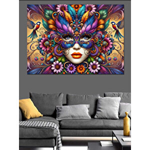 Renkli Maskeli Kadın Yüzü Dekoratif Kanvas - Mdf Ahşap Tablo