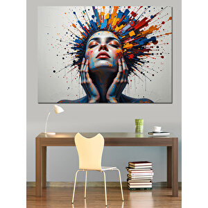 Patlayan Renklerle Kadın Yüzü Dekoratif Kanvas - Mdf Ahşap Tablo 100x140 cm