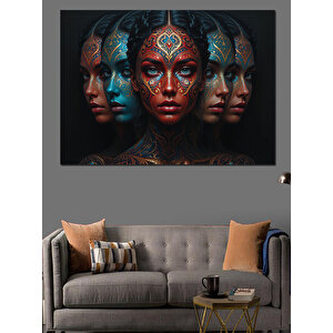 Fütüristik Yüzlü Kadınlar Kompozisyonu Dekoratif Kanvas - Mdf Ahşap Tablo 70x100 cm
