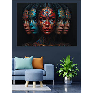 Fütüristik Yüzlü Kadınlar Kompozisyonu Dekoratif Kanvas - Mdf Ahşap Tablo 100x140 cm