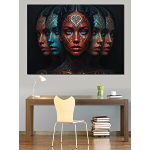 Fütüristik Yüzlü Kadınlar Kompozisyonu Dekoratif Kanvas - Mdf Ahşap Tablo 100x140 cm