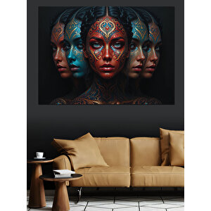Fütüristik Yüzlü Kadınlar Kompozisyonu Dekoratif Kanvas - Mdf Ahşap Tablo