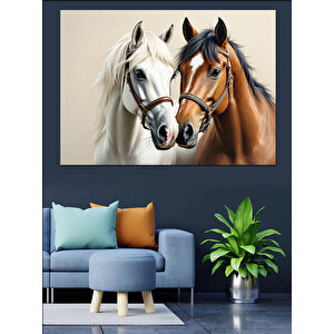 Yan Yana Duran İki At Dekoratif Kanvas - Mdf Ahşap Tablo 35x50 cm