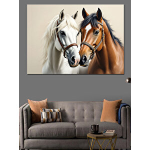 Yan Yana Duran İki At Dekoratif Kanvas - Mdf Ahşap Tablo 35x50 cm