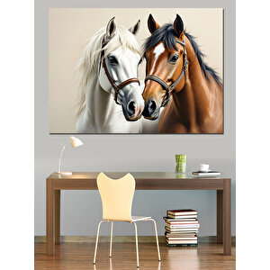 Yan Yana Duran İki At Dekoratif Kanvas - Mdf Ahşap Tablo 35x50 cm