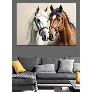 Yan Yana Duran İki At Dekoratif Kanvas - Mdf Ahşap Tablo