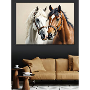 Yan Yana Duran İki At Dekoratif Kanvas - Mdf Ahşap Tablo