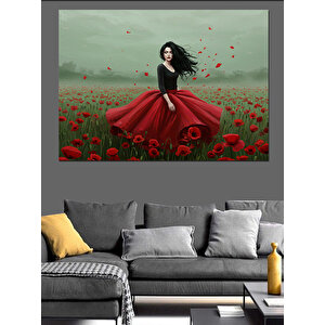 Gelincik Tarlasında Kırmızı Elbise Dekoratif Kanvas - Mdf Ahşap Tablo