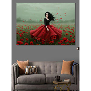 Gelincik Tarlasında Kırmızı Elbise Dekoratif Kanvas - Mdf Ahşap Tablo 70x100 cm