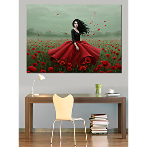 Gelincik Tarlasında Kırmızı Elbise Dekoratif Kanvas - Mdf Ahşap Tablo 70x100 cm