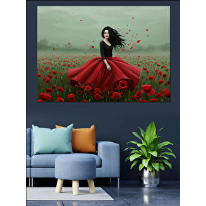 Gelincik Tarlasında Kırmızı Elbise Dekoratif Kanvas - Mdf Ahşap Tablo 100x140 cm