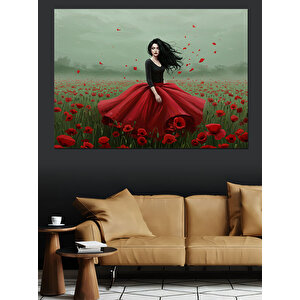 Gelincik Tarlasında Kırmızı Elbise Dekoratif Kanvas - Mdf Ahşap Tablo