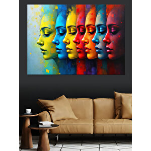Soyut Renkli Kadın Yüzleri Dekoratif Kanvas - Mdf Ahşap Tablo 100x140 cm