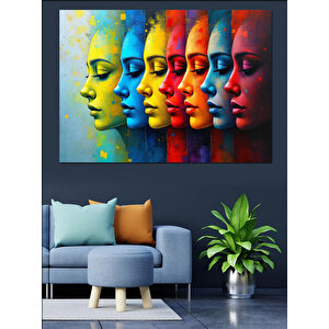 Soyut Renkli Kadın Yüzleri Dekoratif Kanvas - Mdf Ahşap Tablo 100x140 cm