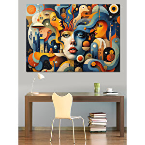 Soyut Renkli Kadın Yüzleri Dekoratif Kanvas - Mdf Ahşap Tablo