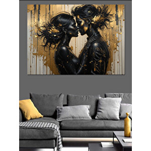 Altın Detaylı Aşık Yüzler Dekoratif Kanvas - Mdf Ahşap Tablo 100x140 cm