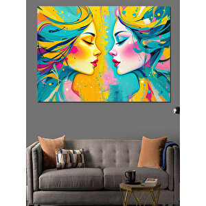 Renkli Soyut Kadın Yüzleri Dekoratif Kanvas - Mdf Ahşap Tablo 70x100 cm