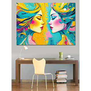 Renkli Soyut Kadın Yüzleri Dekoratif Kanvas - Mdf Ahşap Tablo 70x100 cm