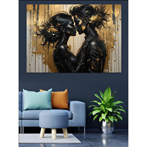 Altın Detaylı Aşık Yüzler Dekoratif Kanvas - Mdf Ahşap Tablo