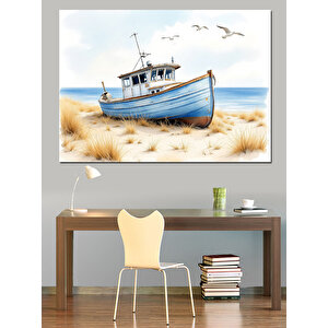 Sahilde Duran Beyaz Tekne Dekoratif Kanvas - Mdf Ahşap Tablo 70x100 cm